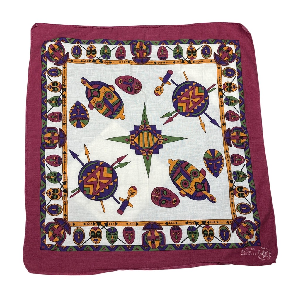 Vintage Tribal Mask Shield All Cotton Bandana Made in USA RN13960 Burgundy Multi